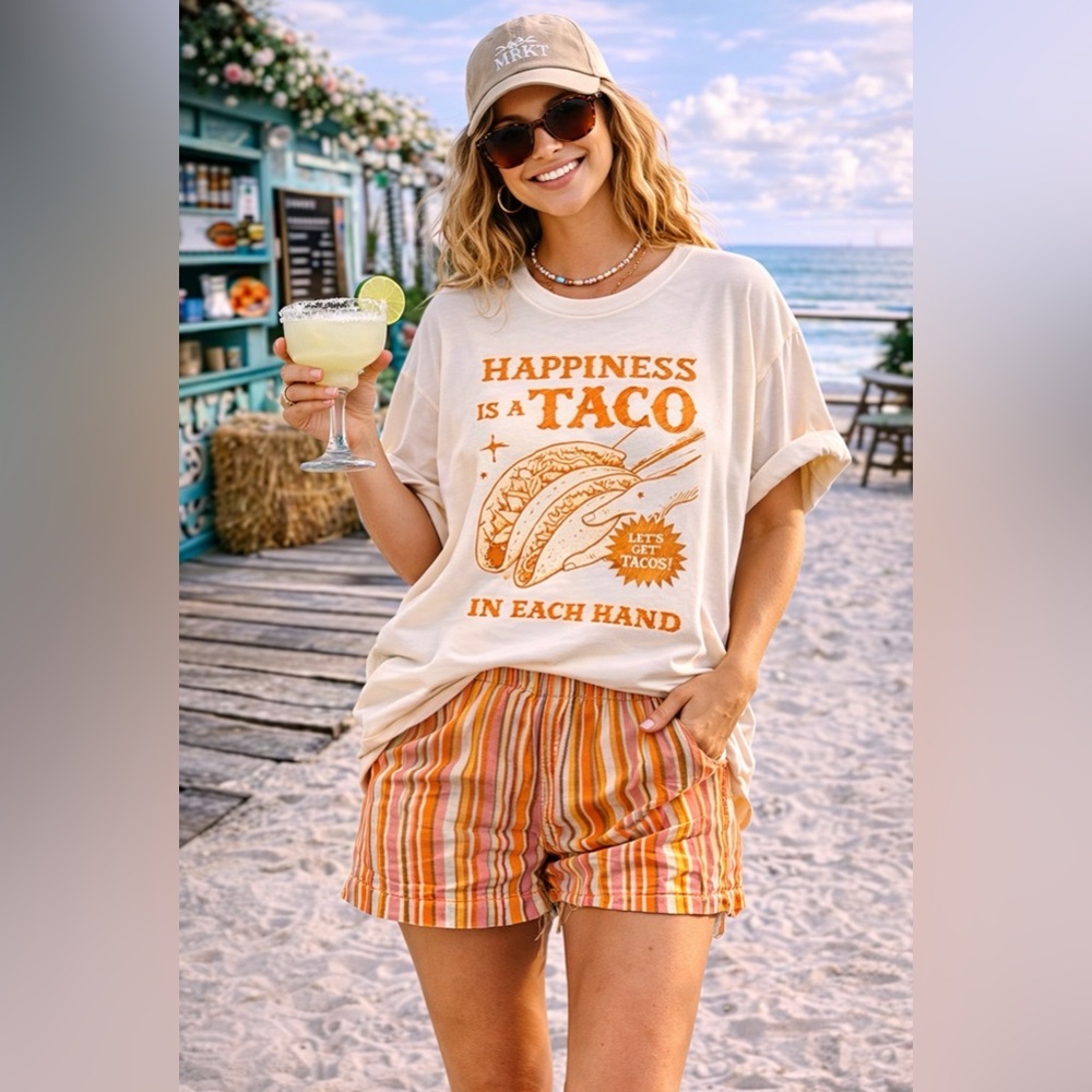 SUPER MRKT “Happiness Is A Taco In Each Hand” Graphic Tee~Cream/Orange~Size S/M